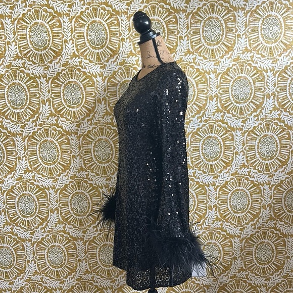 NWT HUTCH Aria Sequin Embellished Long Sleeve Feather Trim Mini Dress Black Sz S - Picture 14 of 15